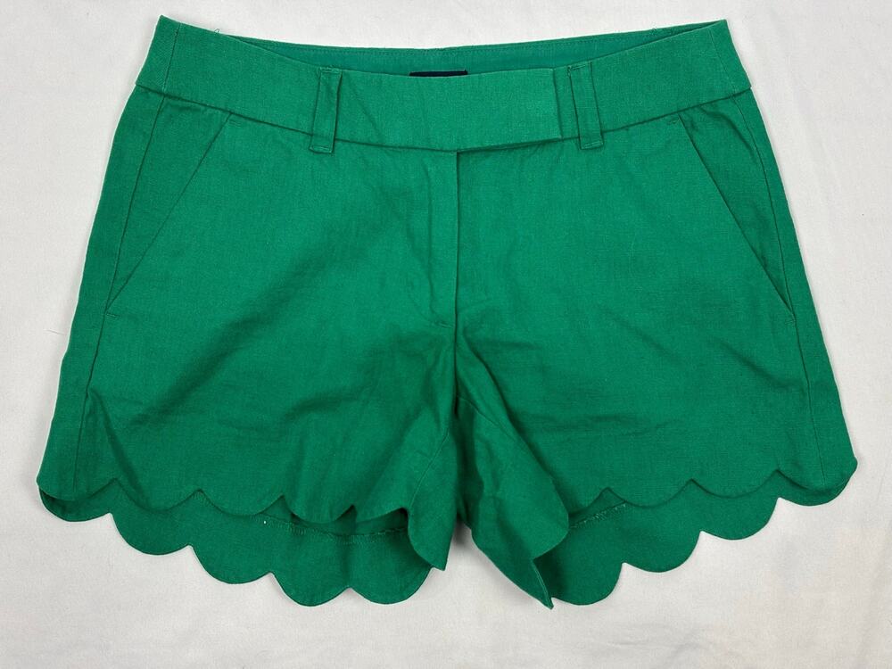 J.Crew Scalloped Hem Shorts Bright Kelly Green Linen Cotton Blend Size 0